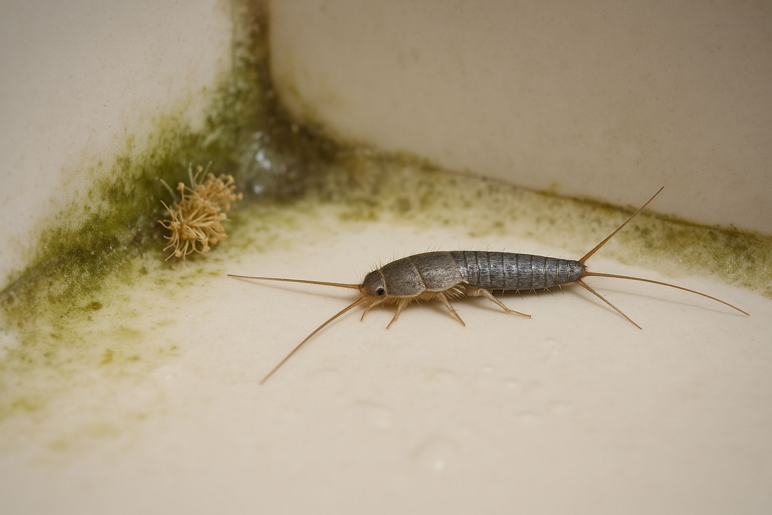 Fuktig baderomsflis med en liten sølvkre krypende på den