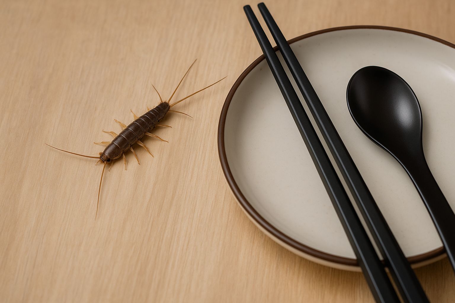 Sølvkre kryper på en mørk, fuktig kjøkkenbenk nær en vask. Bakgrunnen er uskarp.